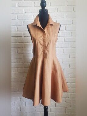 Suitable For Work SFW Italy Tan Cotton Stretch Sleeveless Fit Flare Shirt Dress